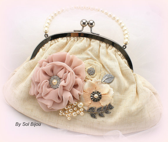 Wedding - Bridal Purse, Clutch, Vintage-Inspired Purse in Ivory, Silver and Blush Shabby Chic Rustic Wedding with Linen, Lace and Pearls