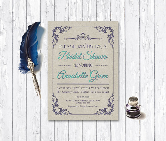 Hochzeit - Rustic Wedding Invitation Printable, Bridal Shower, Birthday Invitation -  Mint & Purple Invite