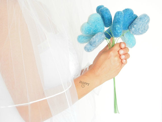 Wedding - Blue Wedding Bouquet, Bridal Flowers, Needle Felted Turquoise Wool, Whimsical Flower Girl Bridesmaids Bride