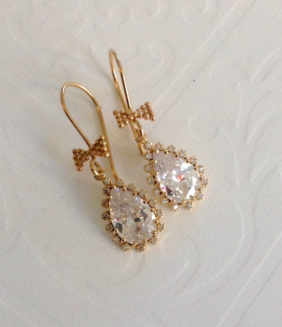 Wedding - Dangle Earrings, Cubic zirconia teardrop earrings,  24kt Vermeil gold earrings with bow tie, bridal earrings, wedding jewelry