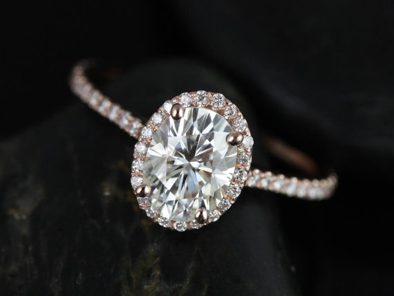 Wedding - Rachel 14kt Rose Gold Thin Oval FB Moissanite and Diamonds Halo Engagement Ring (Other metals and stone options available)