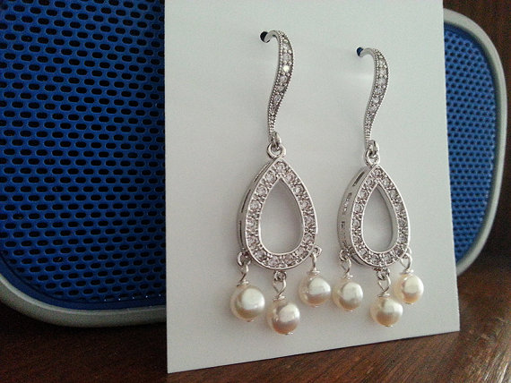 زفاف - Bridal Pearl Earrings, Gold or Silver Chandelier Dangle Earrings, Wedding Jewelry, Bridesmaid Gift