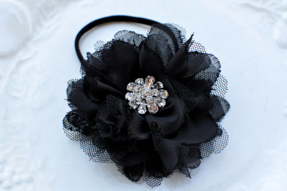 Wedding - Black Fabric n' Lace Puff Rosette HEADBAND - Fits Babies Toddlers Girls - Skinny Band - Special Occasion