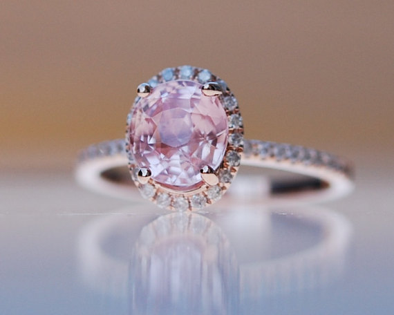 Wedding - Peach champagne sapphire ring diamond ring 14k rose gold engagement ring 1.7ct oval sapphire