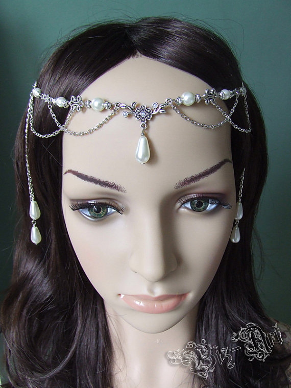 Wedding - Floral Pearl Renaissance Medieval Celtic Circlet Headpiece Headdress Wedding Hair Accessory
