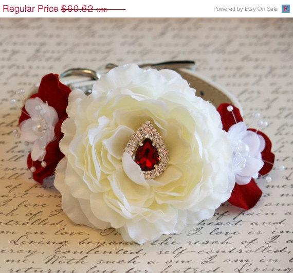 زفاف - Red Floral Collar, Pet Wedding accessory, Rhinestone and Pearl, Love Red, Red and Ivory, Red Ruby