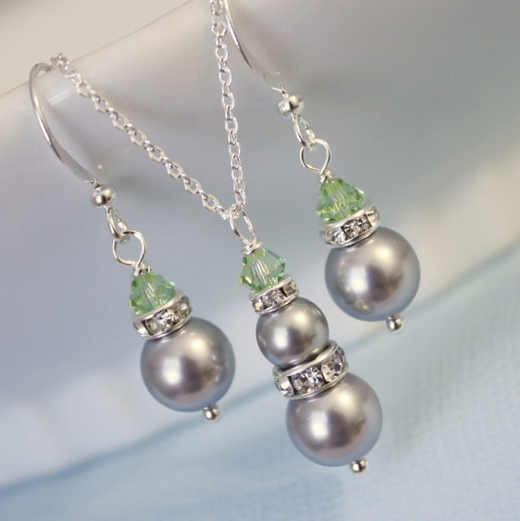 Wedding - Bridesmaid Gift - Swarovski Light Grey Pearl and Light Green, Peridot Crystal Necklace and Earring Set, Bridesmaid Jewelry Set