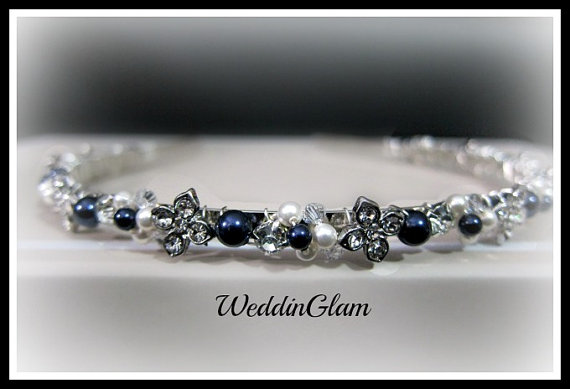 Hochzeit - Crystal navy blue wedding headband, bridal hair accessories, blue flower headband, Fall wedding headband, flowergirl headband