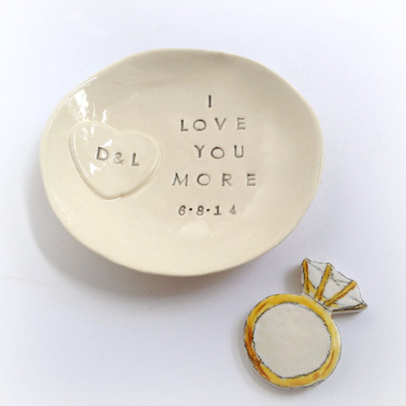 زفاف - Personalized engagement gift ring holder love you more ring dish handmade by Cathie Carlson