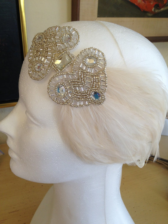 Hochzeit - 1920s WEDDING Dress Hair Accessories 1920s Wedding Headband Glamorous Ivory Flapper Headpiece Great Gatsby