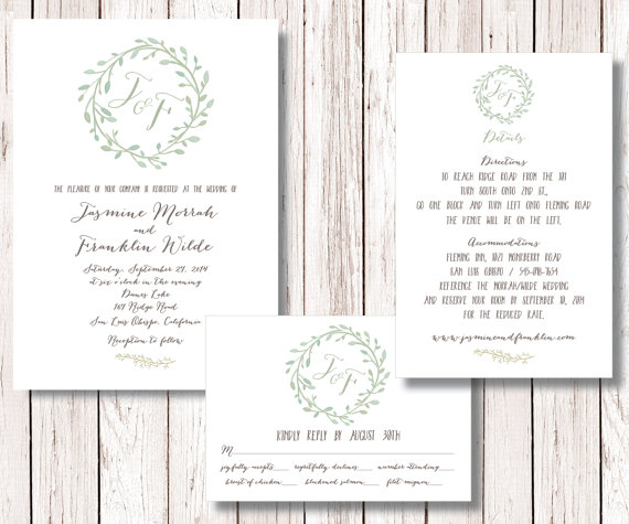 زفاف - Wedding Invitation Suite, Wreath Wedding Invitation, Wedding Invitation RSVP Details Card Printable, Monogram Invitation, Montecito Suite