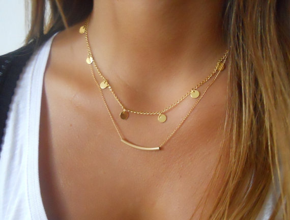 Mariage - Gold Layered Necklace Set; Coins and Tube Necklace Set; Delicate Layered Necklace Set; Bridesmaid gift