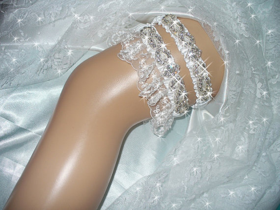 Hochzeit - Rhinestone Garter, Wedding Garter Belts, Crystal Garter Set, Bridal Garter, Something Blue Garter, Bling Organza Garter, Made To Order