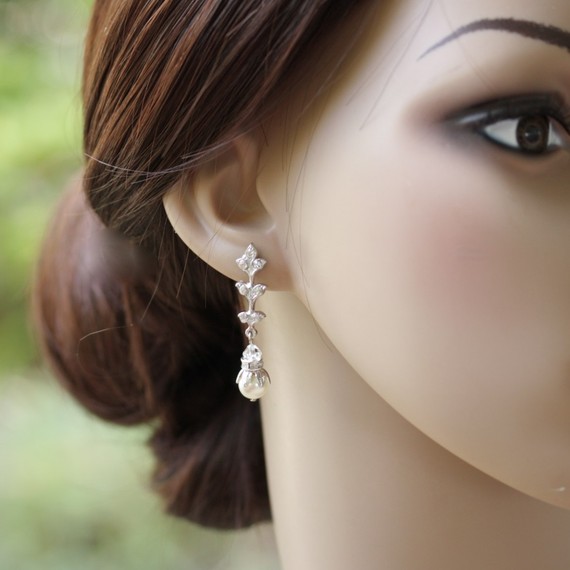 Wedding - Art Deco Bridal Earrings Leaf Wedding Earrings Pearl Bridal Earrings Simple Vintage Wedding Jewelry NEVE