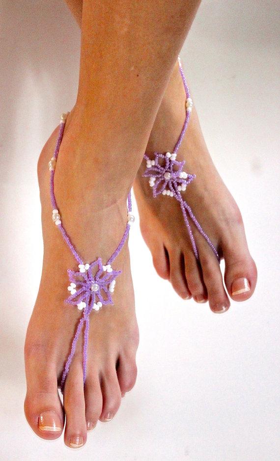 زفاف - Lilac Violet Light Purple Flower Pearls Barefoot Sandals Beach Wedding Shoes