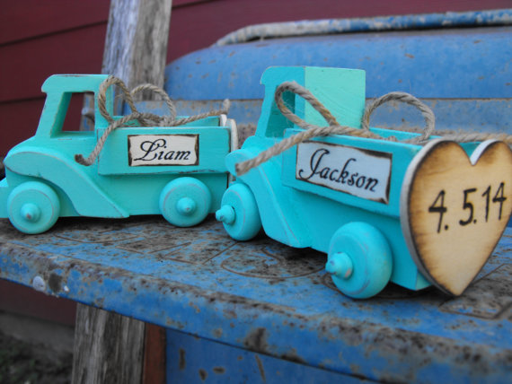 Mariage - Personalized Country Chic Wedding Ring Bearer Wooden Truck with Burlap Ring Pillow Alternative