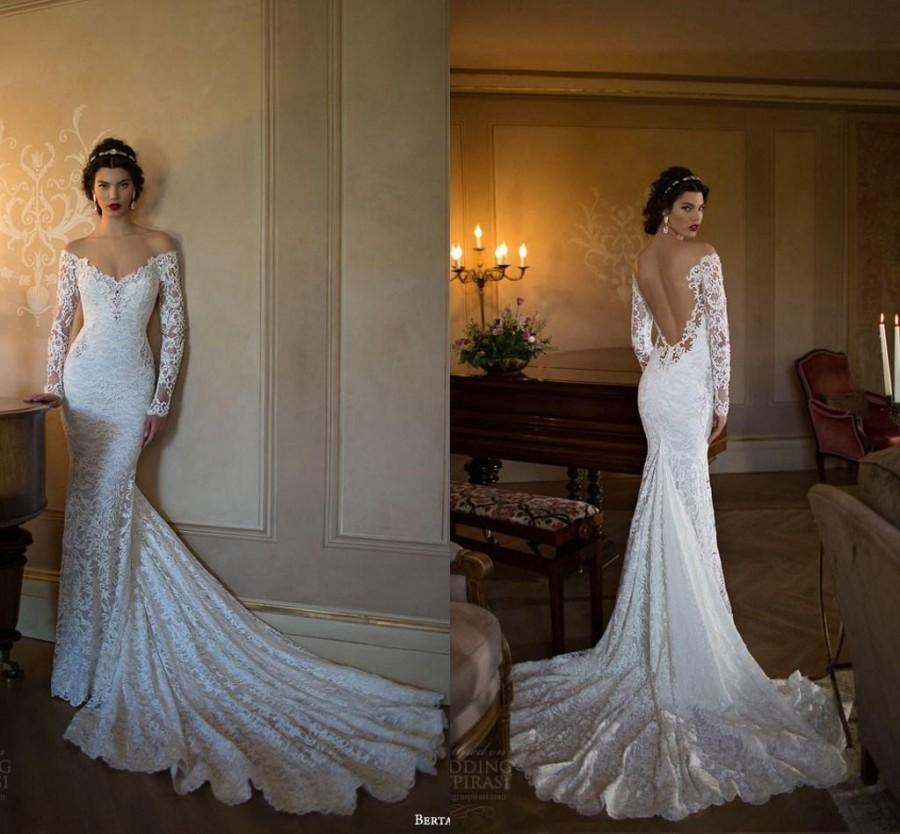 Mariage - Berta Bridal 2015 V-Neck Mermaid Wedding Dresses Beach Bridal Gowns Lace Off-Shoulder Long Sleeve Backless Vintage Bridal Dresses Online with $135.29/Piece on Hjklp88's Store 
