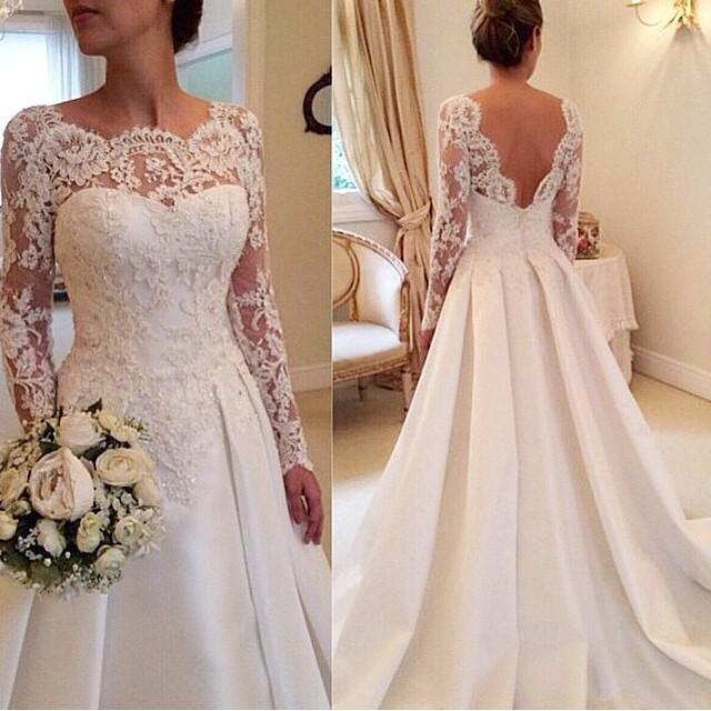 Wedding - Vestidos De Noiva 2015 Lace Long Sleeve A Line Wedding Dresses Sheer Scoop Backless Court Train Satin Appliques Beads Ivory Bridal Dress Online with $155.76/Piece on Hjklp88's Store 