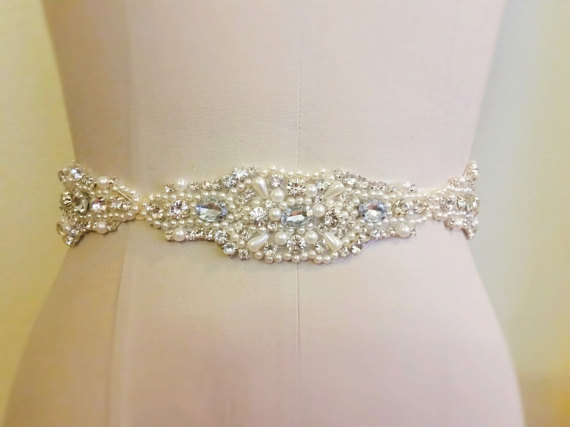 Hochzeit - Big Sale - Wedding Dress Sash Belt - Crystal Pearl Sash Belt = 16" long