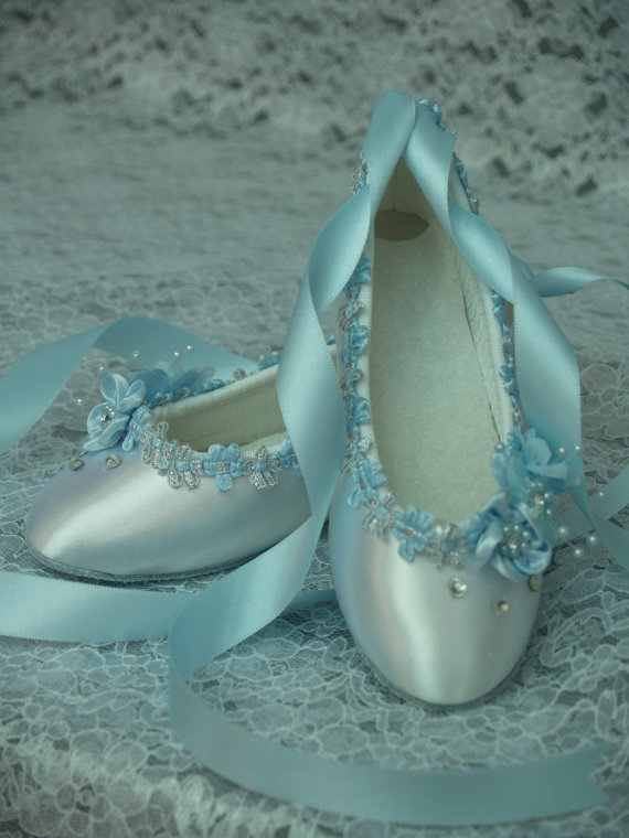 Wedding - Blue Wedding Flats White Satin Shoes - Blue Bridal Flat shoes