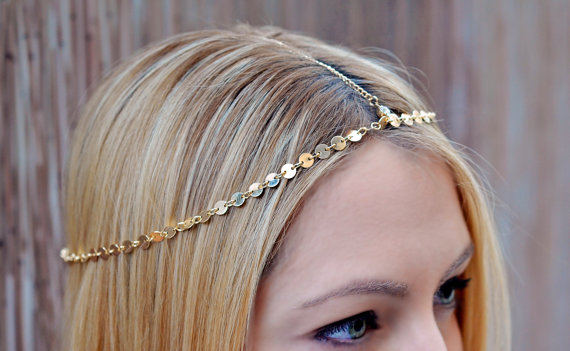 Mariage - THE GOLDIE Gold Small Coins Hair Chain Crystal Diamond Hair Jewelry Boho Festival Prom Wedding Headpiece head chain Coachella Festival