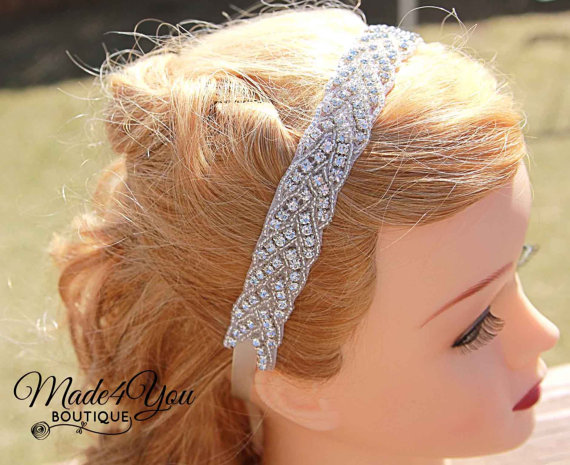 Hochzeit - Rhinestone Beaded Bridal Headband - Rhinestone Wedding Veil - Wedding Headpiece