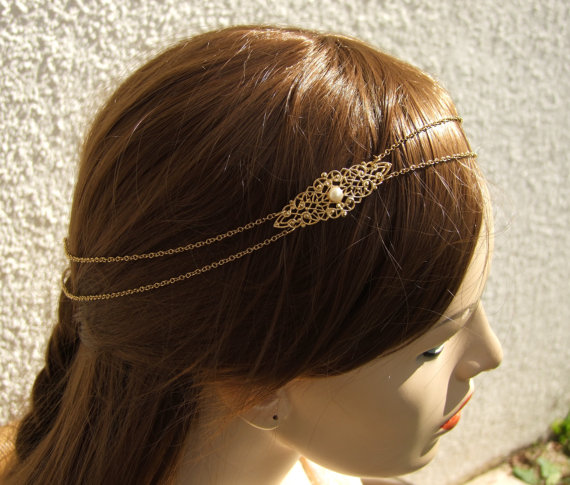 Hochzeit - Gold Hairchain Bohemian Headband Bridal Pearl Hair Jewelry Bridal Headband Boho Hairpiece Bridal Headpiece
