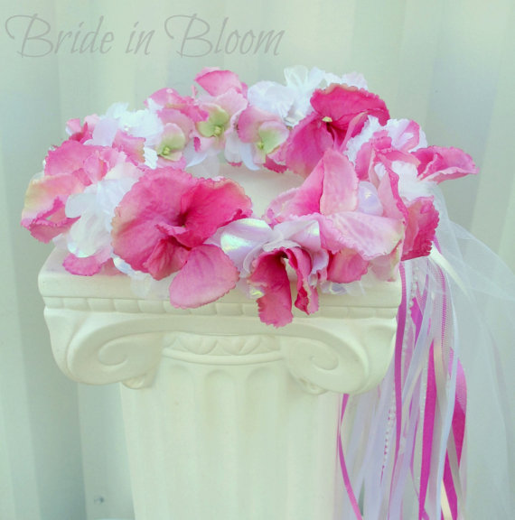Mariage - Flower girl wreath white hot pink halo Floral crown Wedding hair accessories communion veil