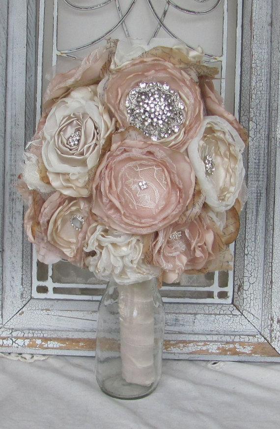 Wedding - Bridal Brooch Bouquet  Vintage Fabric Bouquet Champagne and Ivory
