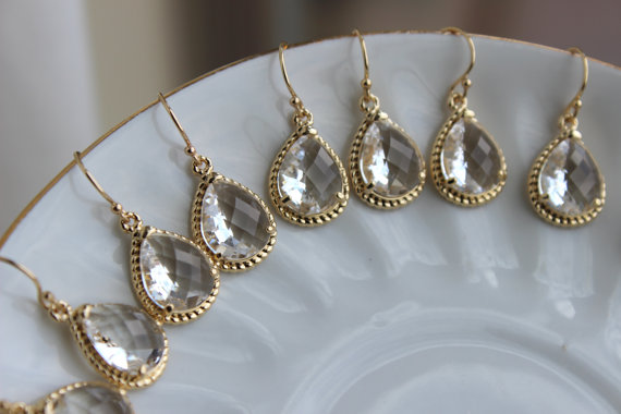 زفاف - 10% OFF SET OF 3 Wedding Jewelry Bridesmaid Earrings Bridesmaid Jewelry - Crystal Earrings Clear Gold Teardrop Earrings - Bridal Earrings