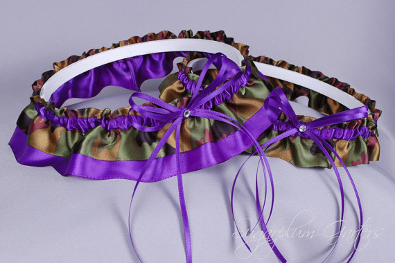 Hochzeit - Wedding Garter Set in Purple and Camo Print Satin with Swarovski Crystals