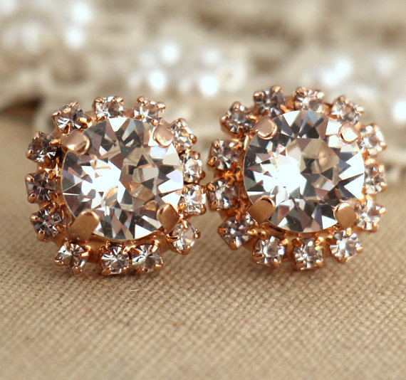 Hochzeit - Rose Gold Earrings, Bydal Crystal Stud Earrings, Swarovski Halo earrings,Bridesmaids earrings,classic elegant wedding jewelry, Bridal Studs