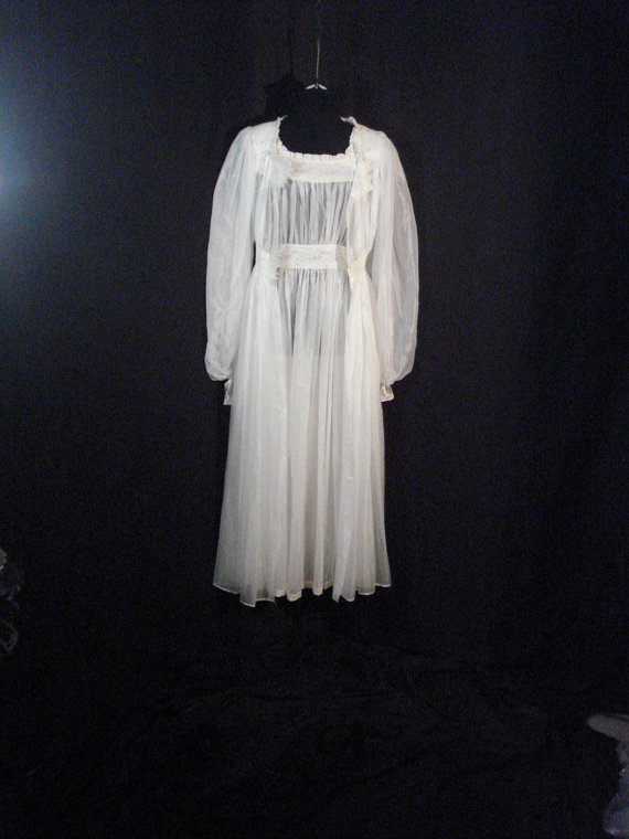 زفاف - 1900s White Silk Chiffon Peignoir Nightgown & Robe Set Wedding Lingerie Edwardian Chic S