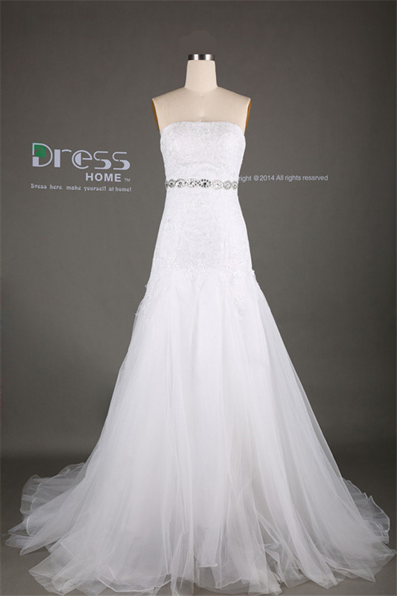 زفاف - Luxury White Strapless Beading Belt Lace Tulle Mermaid Wedding Dress/Lace Up Back Court Train Wedding Gown/Sexy Lace Bridal Dresses DH297