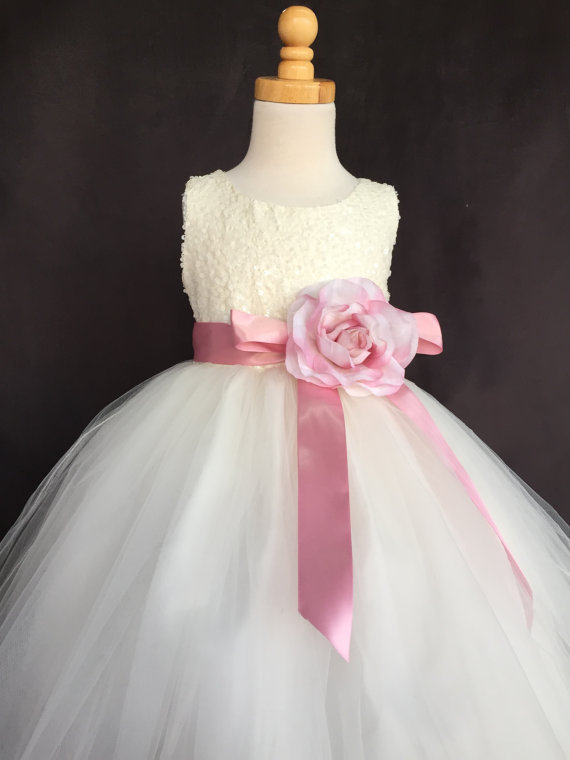 Hochzeit - Ivory Wedding Bridal Bridesmaids Sequence Tulle Flower Girl dress Toddler 9 12 18 24 Months 2 4 6 8 10 12 14 Sash Color 24