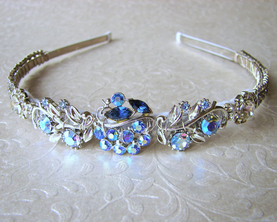 Hochzeit - Blue Jeweled Diadem Headband Rhinestone Hairpiece Bohemian Hair Accessories Vintage Jewelry Wedding Headpiece Prom Accessory AB Coro WEISS