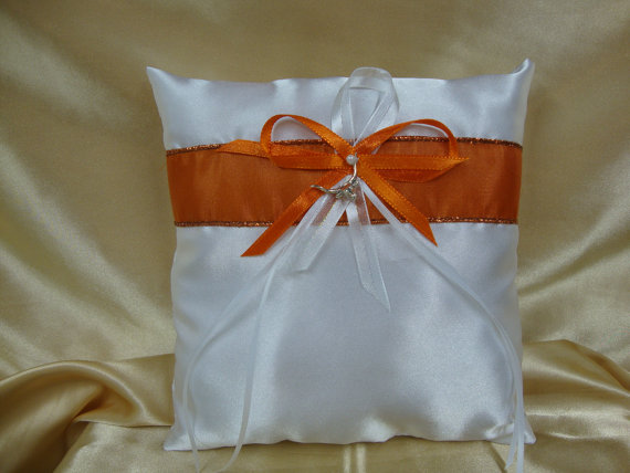 زفاف - White Satin and Burnt Orange Ring Bearer Pillow--Texas Longhorn Deco
