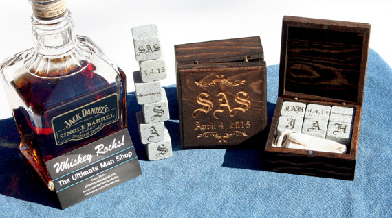 Wedding - Set of 2 Bespoke Groomsmen Gift sets, 6 engraved whiskey stones in a Personalized Wood Box, Great present for the Best Man, made in the USA