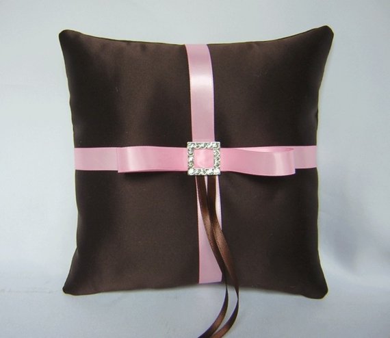 Mariage - Chocolate Brown Pink Flower Girl Basket Ring Pillow Guest Book Card Box