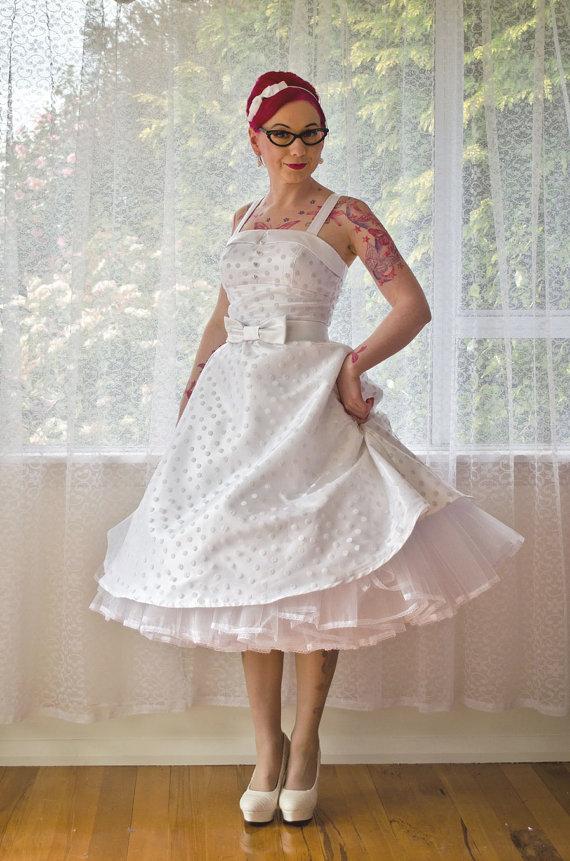 Hochzeit - 1950's Rockabilly 'Tiffany' Polka Dot Wedding Dress with Lapels, Bow Belt and Petticoat - Custom Made to Fit