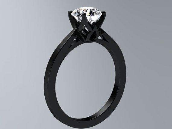 Hochzeit - Black Gold Engagement Ring BLOOMED LOVE Collection Round 7mm Lab White Sapphire 14kt Black Gold Ring Engagement Ring 
