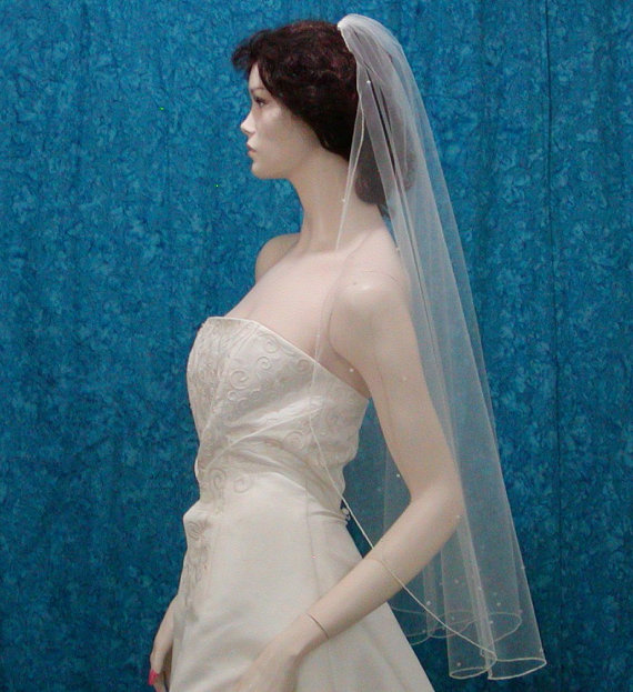 Wedding - Cascading Waterfall Style fingertip length  IVORY Bridal Veil with scattered Swarovski Crystals  Pencil Edge