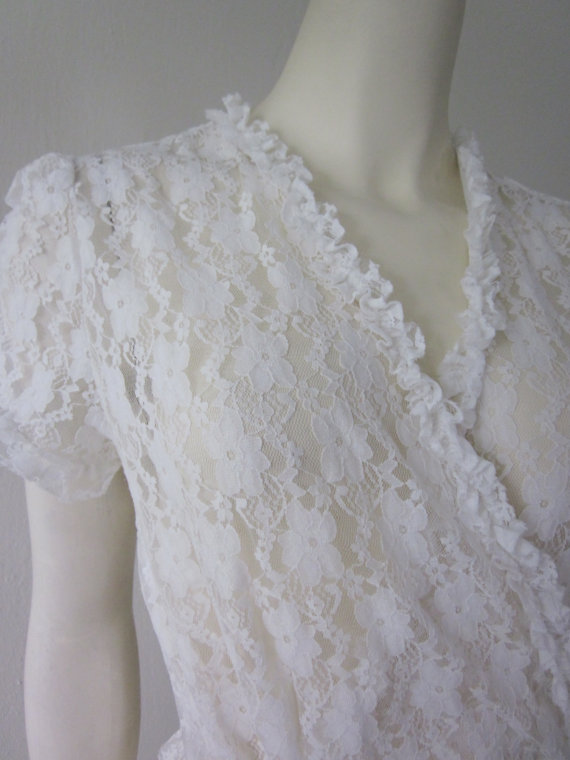 زفاف - 1980s White Stretch Lace Negligee, Sizes S - M