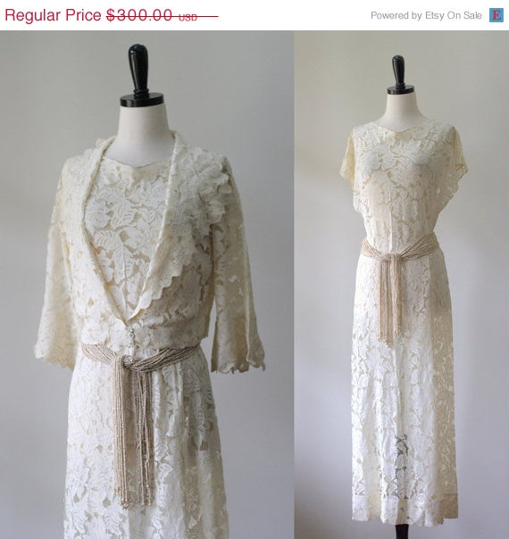 Hochzeit - Vintage 1930s Wedding Dress Lace Wedding Dress Long Length Wedding Dress with Jacket Off White Wedding Dress Semi Sheer Womens Size Medium