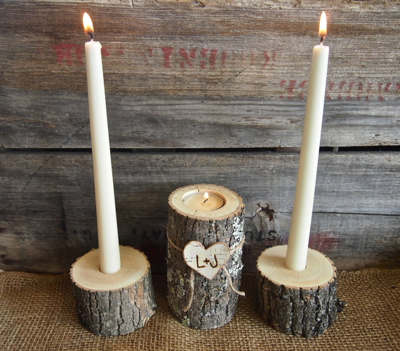 زفاف - Country BROWN WOODEN Unity Candle Holder Set -Tea and Taper Candle Size - Natural Rustic Wedding Candle - Woodland Wedding Decor