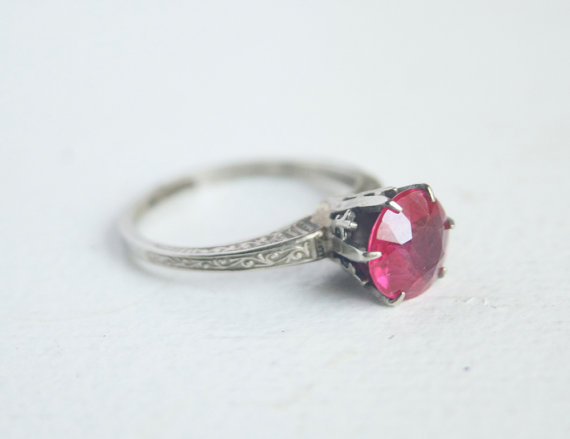 زفاف - Edwardian Ring, 14k White Gold Filled, Simulated Ruby, Alternative Engagement Ring