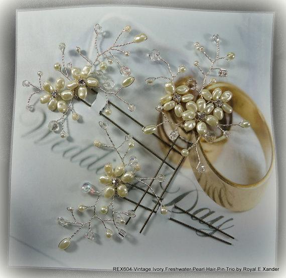Wedding - Ivory Fresh Water Pearl Bridal Hair Pin Trio Set of 3