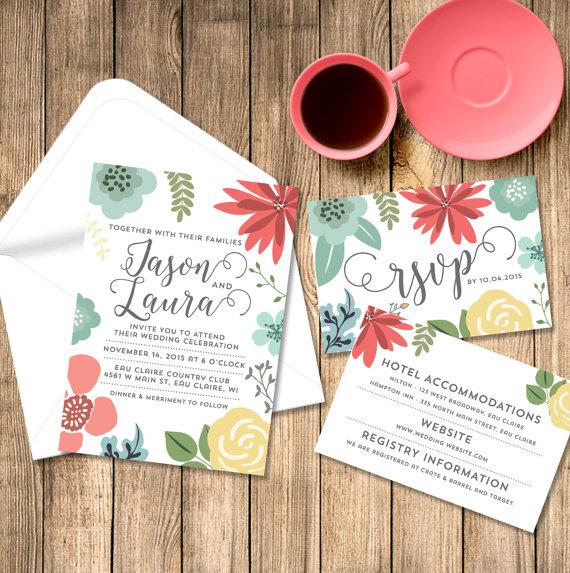 Mariage - Wedding Invitation Printable Floral Coral Yellow Teal Moss