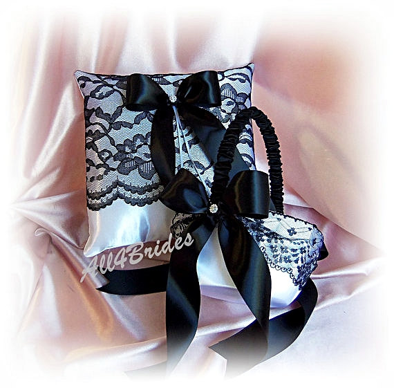 Wedding - Black and white wedding ring pillow and flower girl basket -  black lace ring bearer pillow and basket