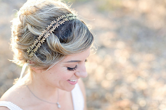 زفاف - Delicate Fern Leaf Crown -  Ties headband, Crown, Bridal or Special Occasion Headband, Gold Leaf Headband